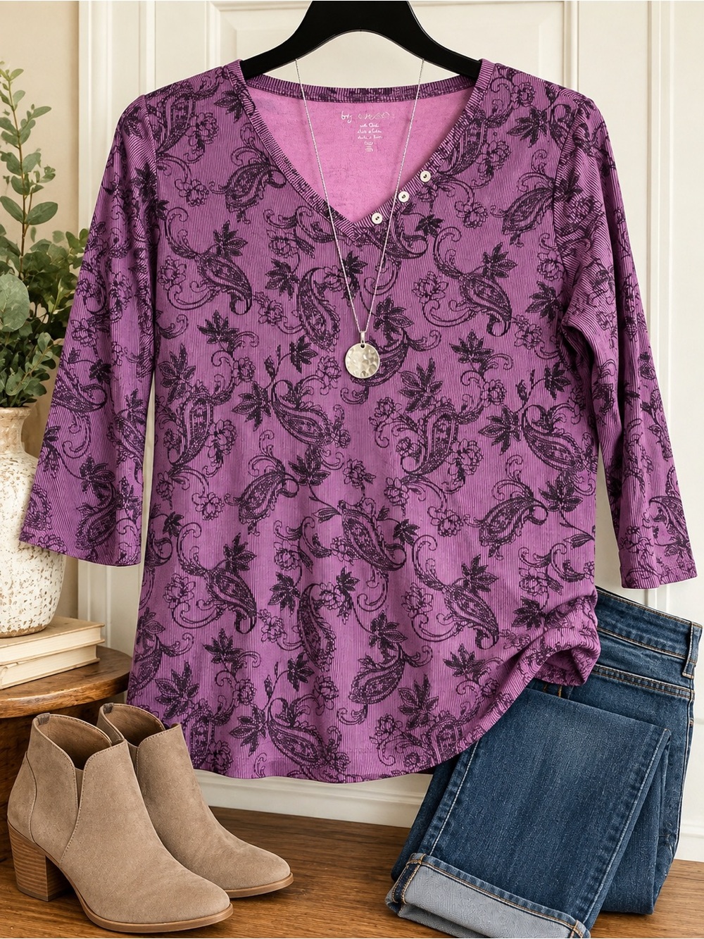Chico's Mauve Purple Paisley V-Neck 3/4 Sleeve Top